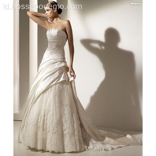 A-Line Strapless Cathedral Train Satin Lace Beading Appliques Wedding Dress